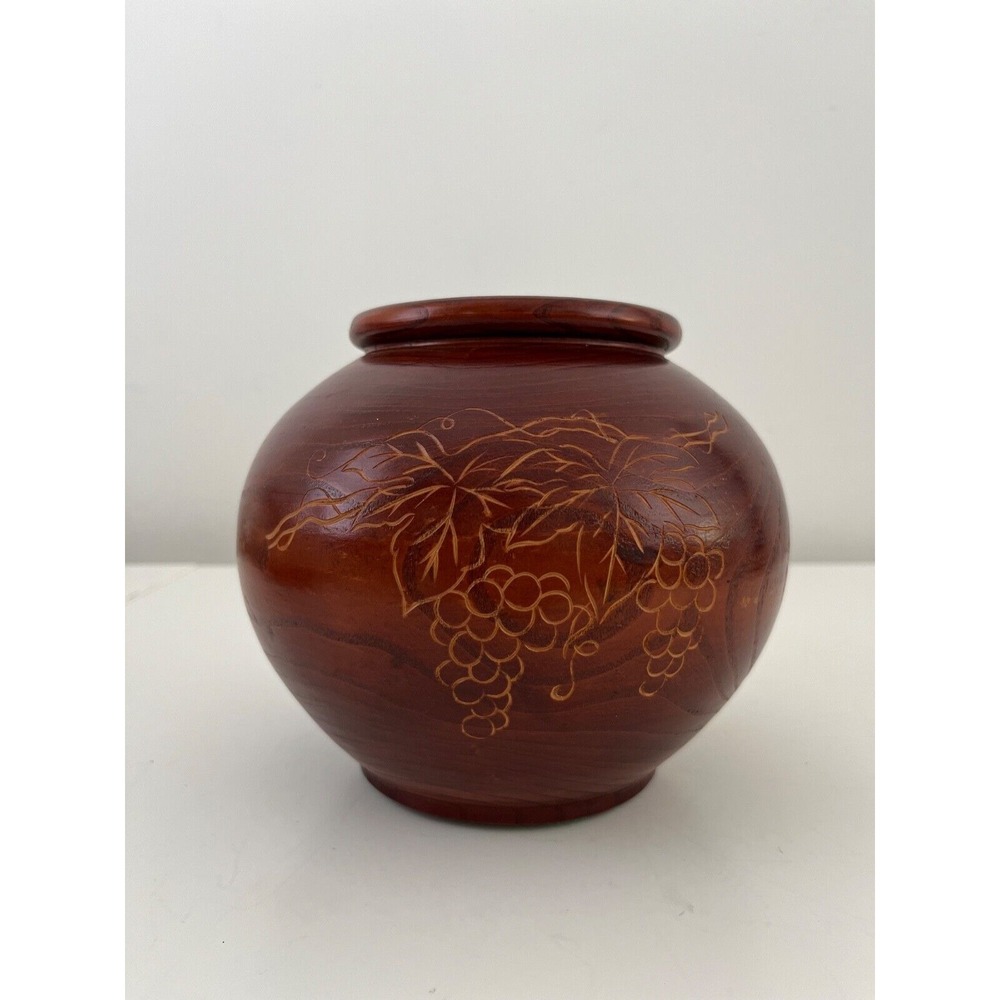 Vintage Wooden Hand‎ Turned Vase with carved grape design - 6"